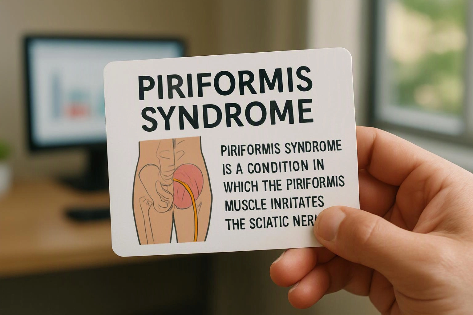 A hand holds a medical card about piriformis syndrome in front of a blurred office desk and monitor