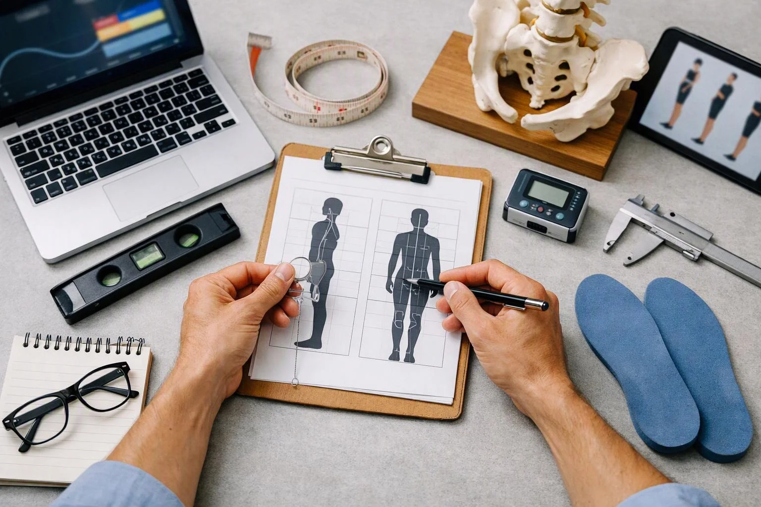 Hands mark body measurements on a clipboard beside a laptop, tape measure, caliper, and spine model on a desk