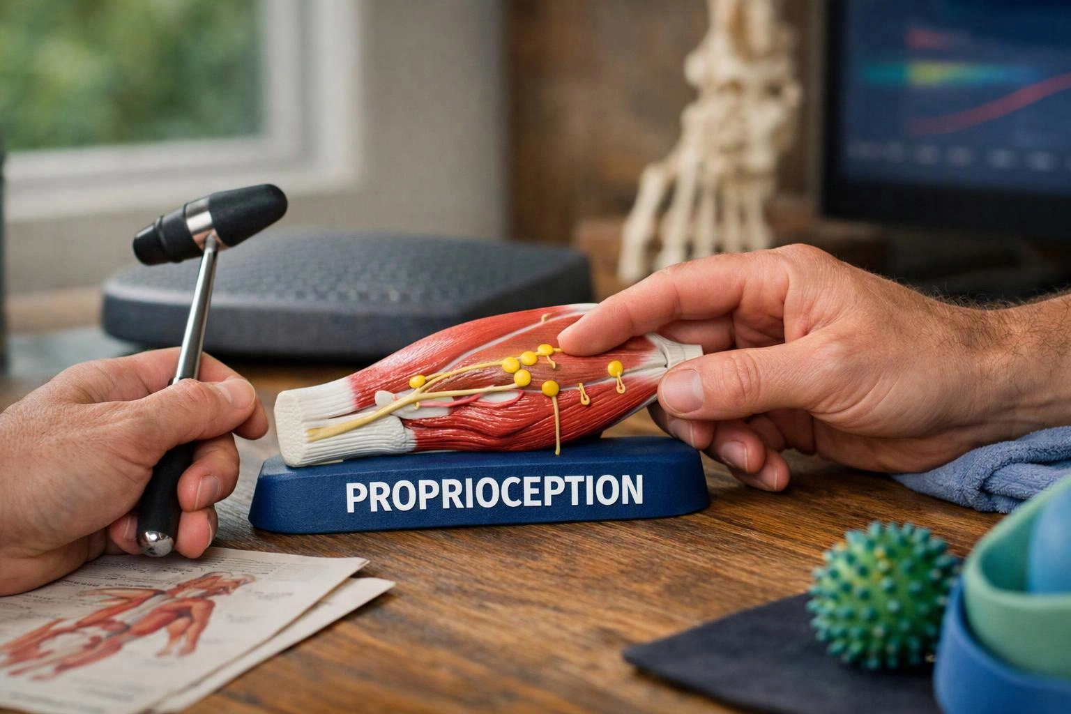 Hands point to a muscle model labeled proprioception on a desk with therapy tools nearby