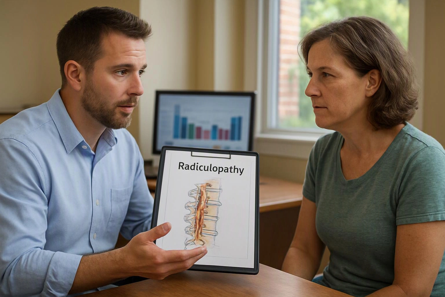 A man shows a woman a clipboard labeled "Radiculopathy" beside a desk and computer in a bright office