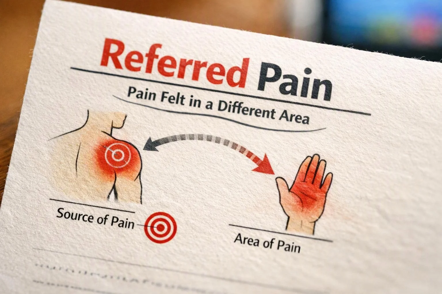 An infographic page explains referred pain with a shoulder source and a hand marked as the pain area