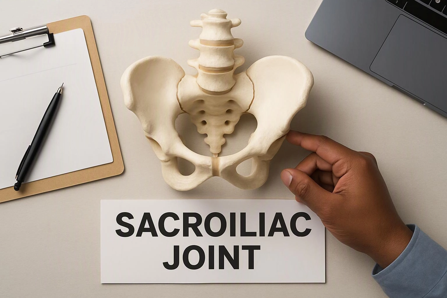A hand points at a pelvis model beside a clipboard, laptop, and a card reading “SACROILIAC JOINT”