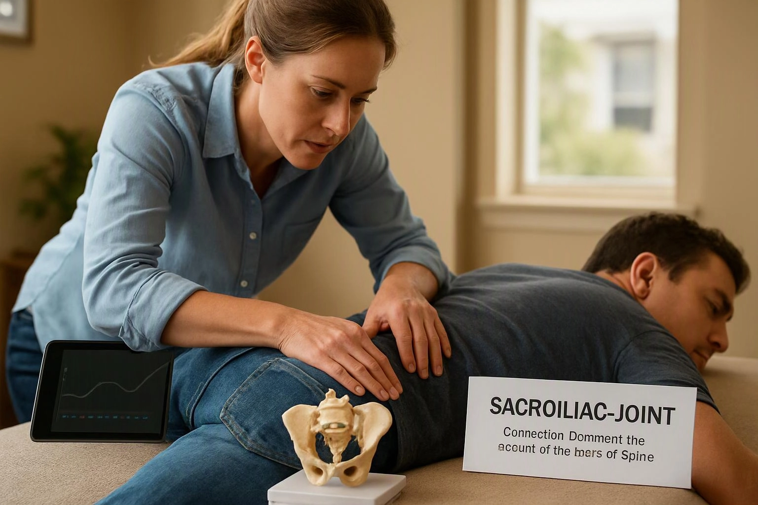 A woman presses a man’s lower back beside a pelvis model, tablet, and sacroiliac joint sign indoors