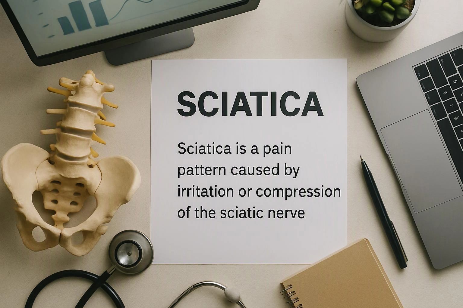 A desk shows a spine model, a sciatic nerve pamphlet, a laptop, pen, notebook, stethoscope, and plant