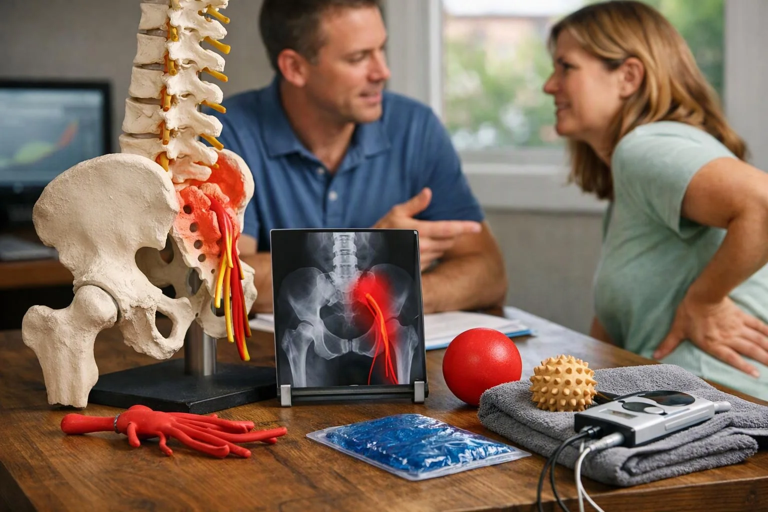 A spine model and pain-relief tools sit on a table while two adults talk in a clinic room