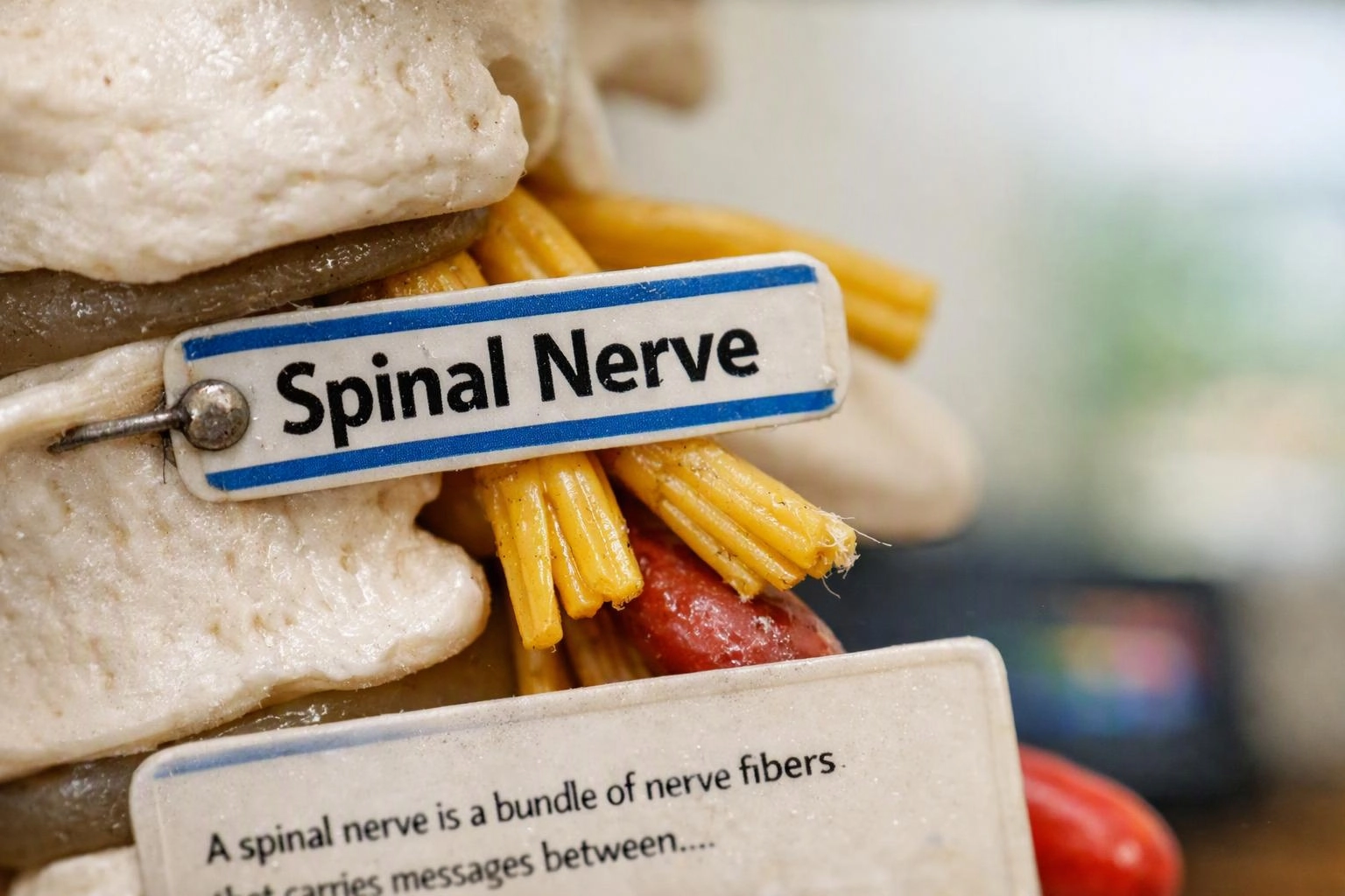 A close-up anatomical model shows labeled spinal nerves and a printed explanation card in the foreground