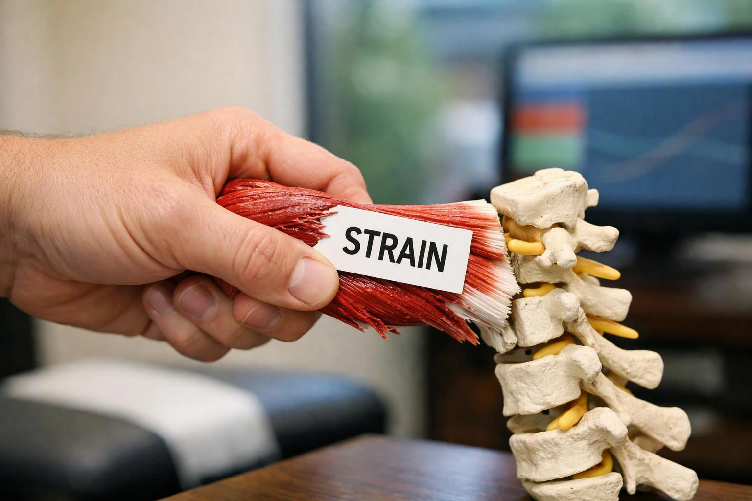 A hand squeezes a red muscle model labeled “STRAIN” against a spine model on a desk