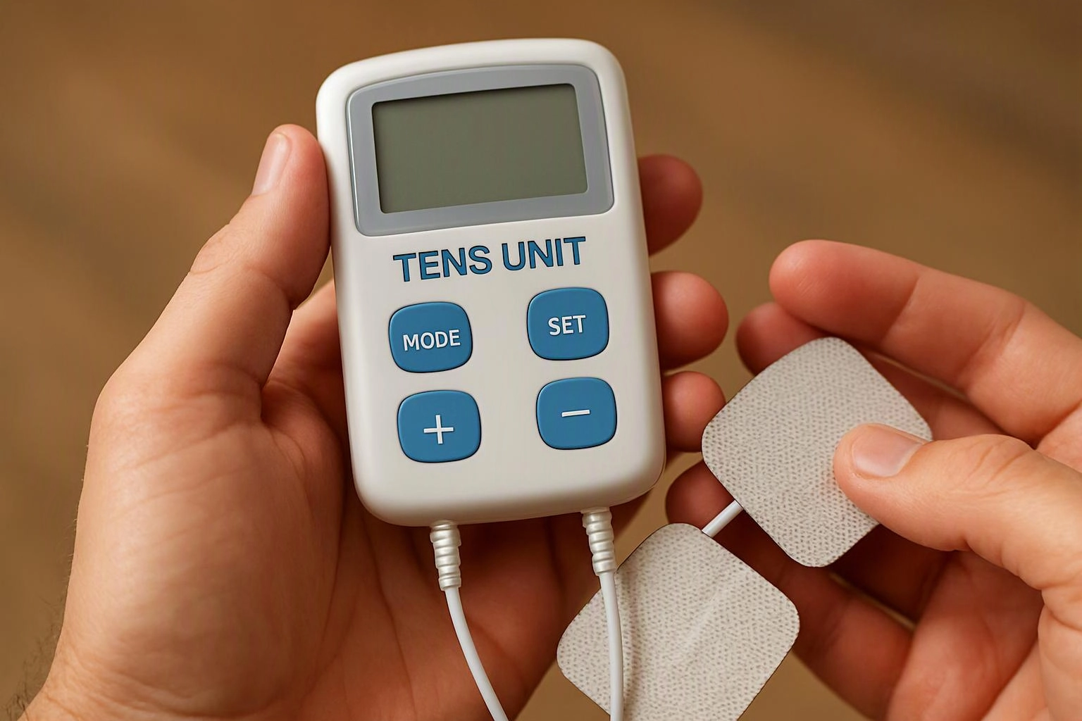 Hands hold a TENS unit and two adhesive electrode pads against a plain background