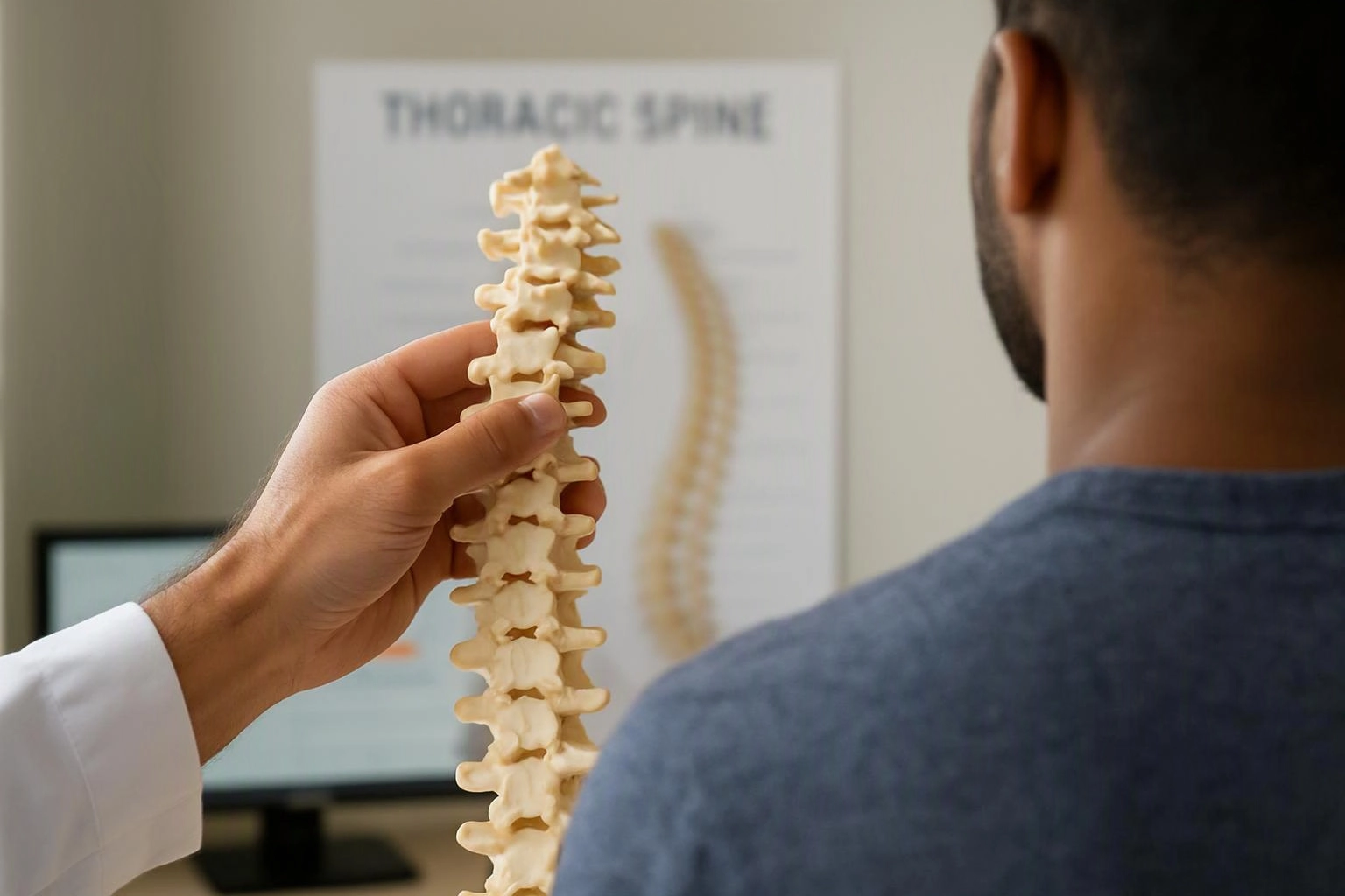 A doctor holds a spine model while a man watches in a clinic with a thoracic spine poster behind them