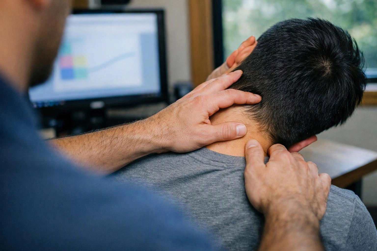 A man massages another man’s neck in an office, with a computer screen blurred in the background