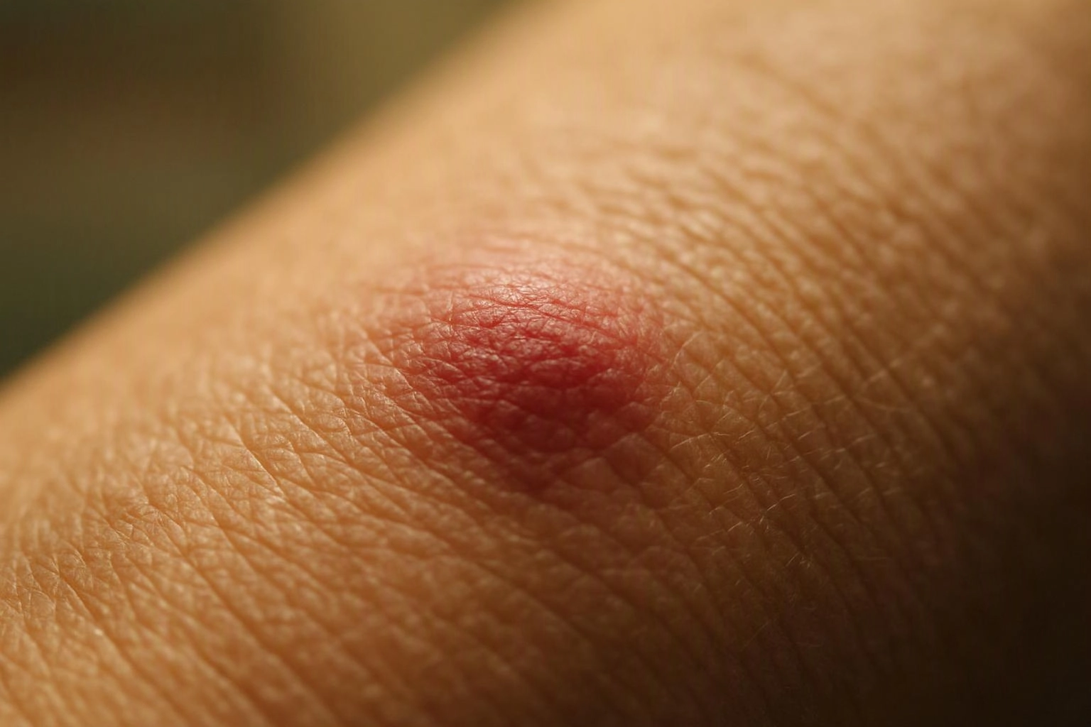 Close-up of a red, raised bump on human skin against a blurred warm background