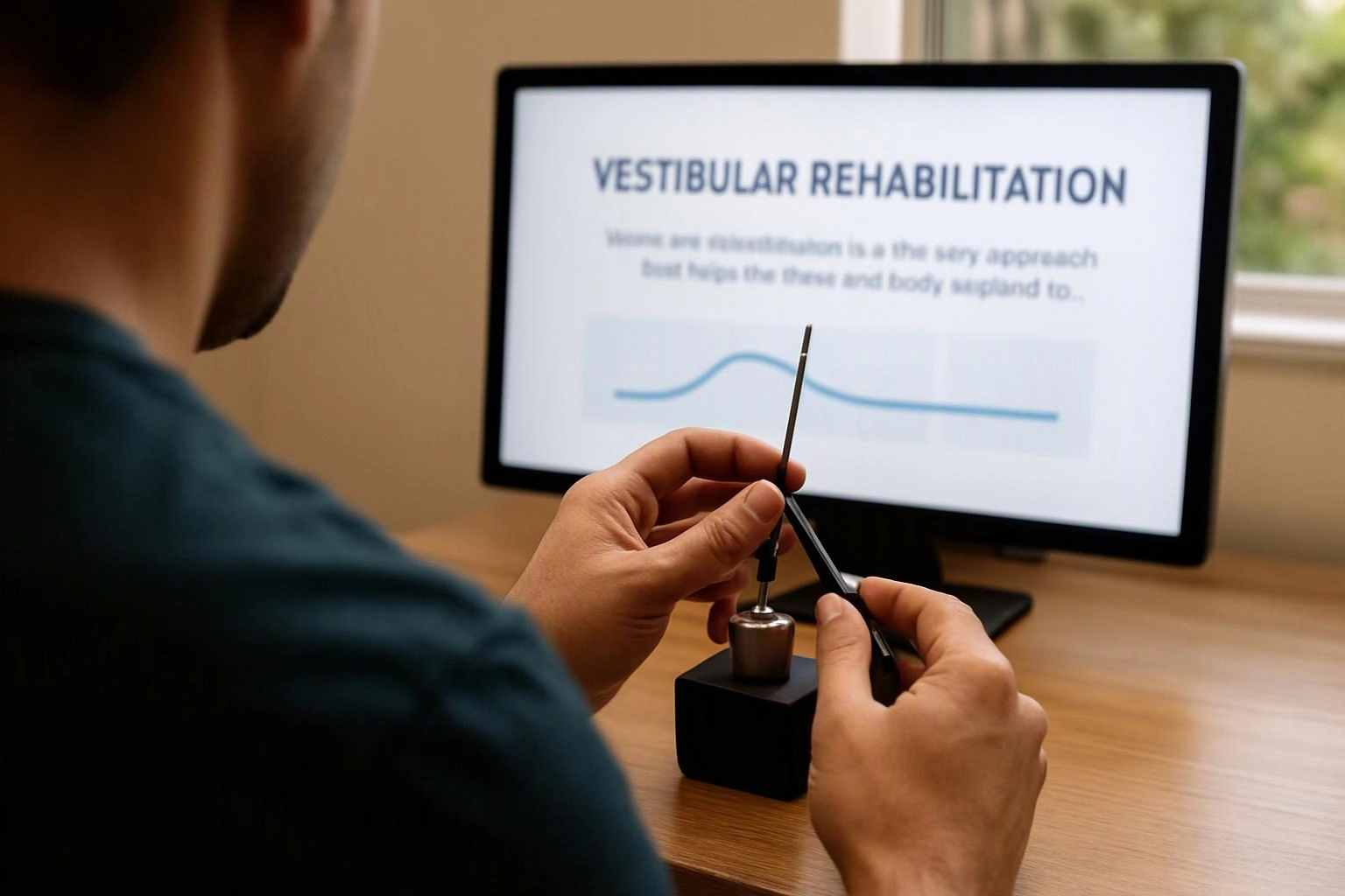 A person practices with a small spinning top while a monitor shows a vestibular rehabilitation slide on a desk