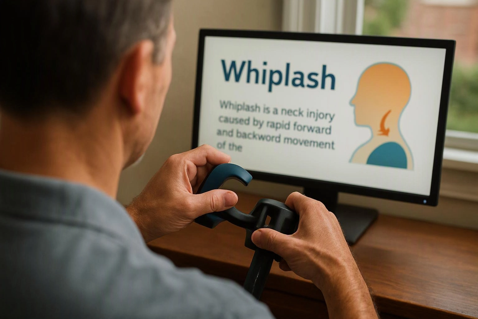 A man holds a neck traction device while reading a screen about whiplash injury