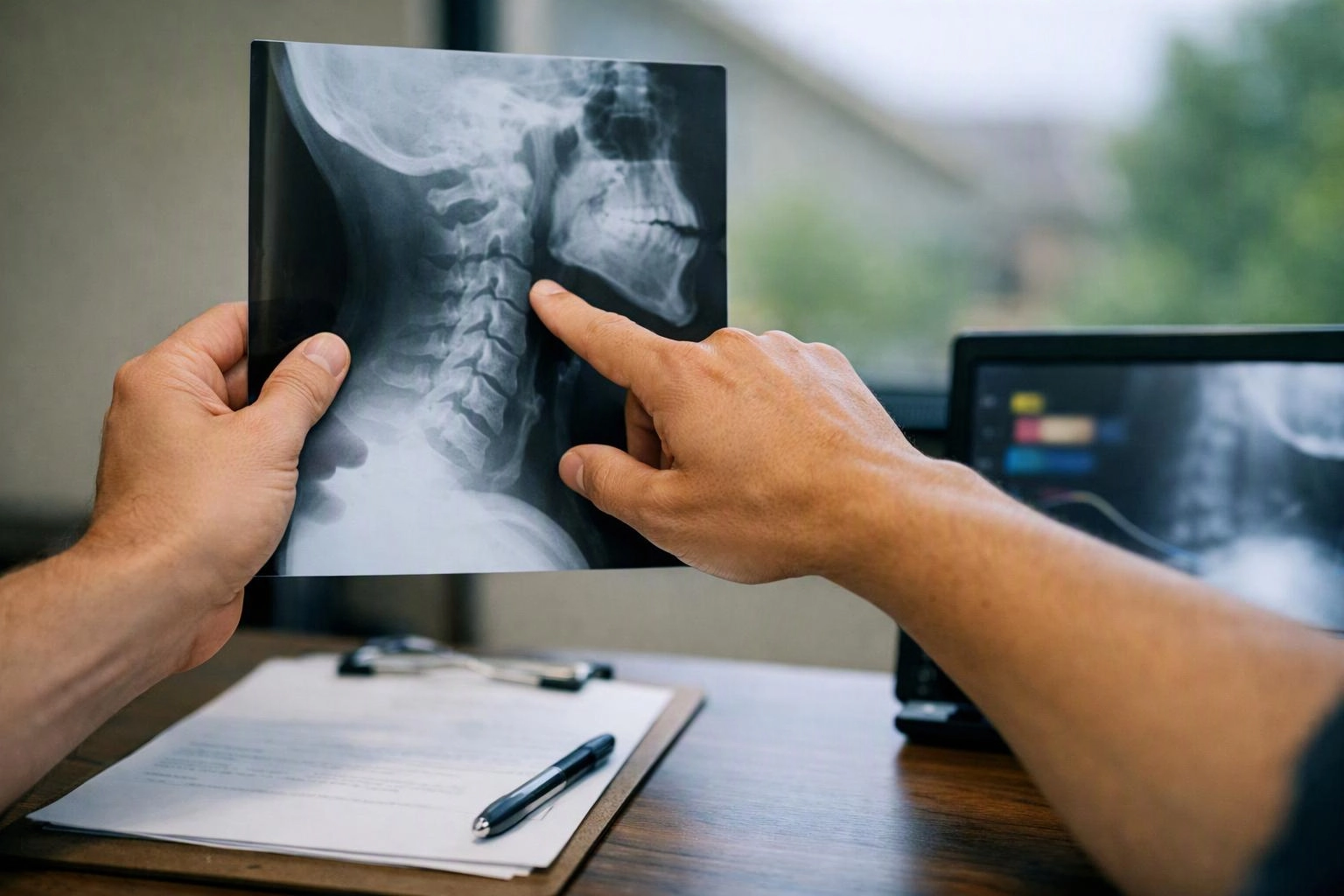 Hands point at a neck X-ray film over a desk with papers, a pen, and a laptop