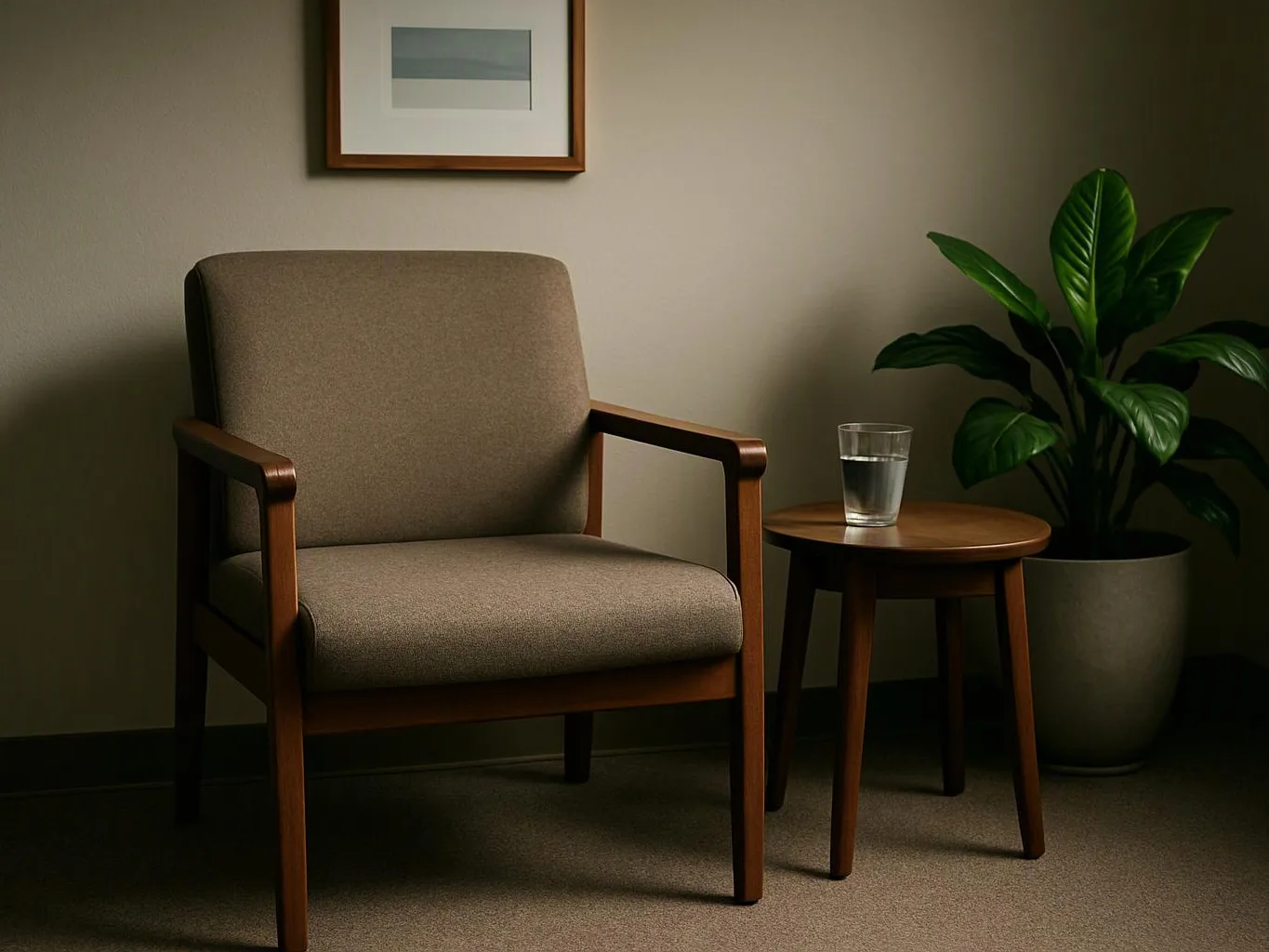 A gray armchair sits beside a small round table with a glass of water and a potted plant against a plain wall