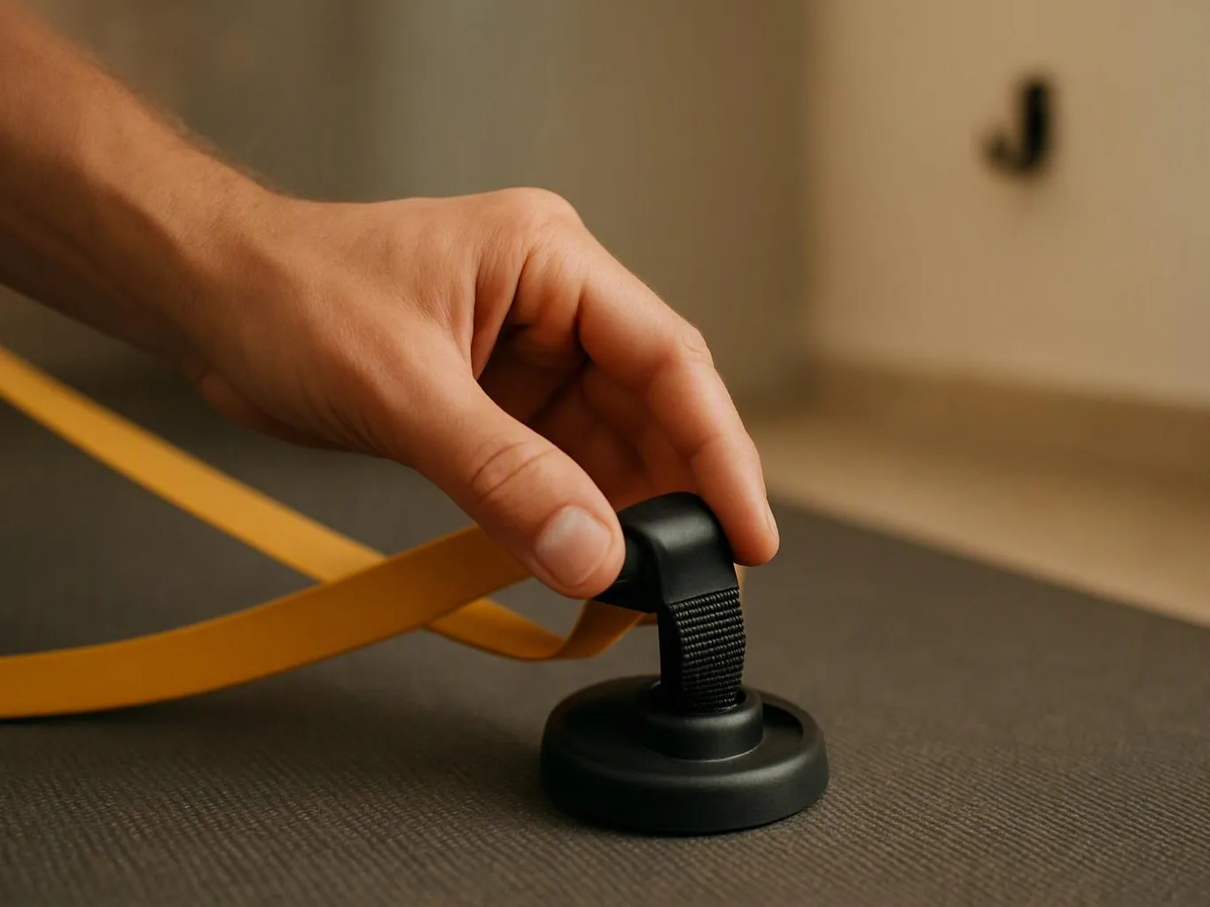 A hand adjusts a black strap anchored to a round base on a tabletop