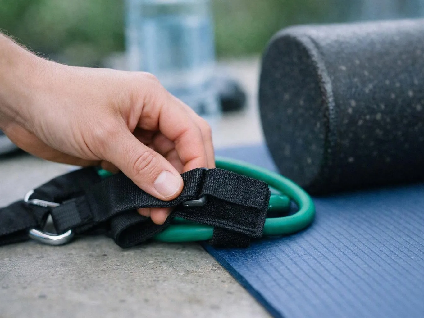 A hand adjusts a black strap around green exercise bands beside a foam roller on a mat