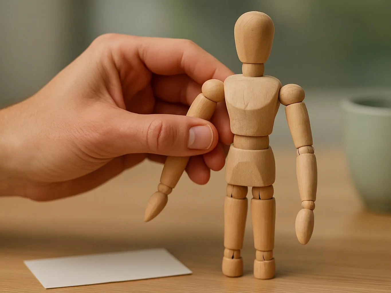 A hand adjusts a small wooden mannequin standing on a table beside a blank card