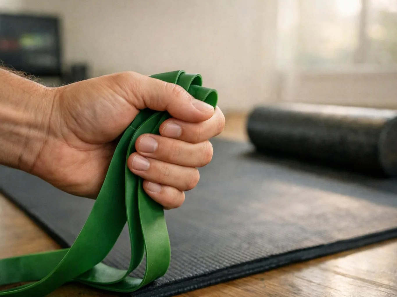 A hand grips a green resistance band beside a yoga mat in a sunlit room