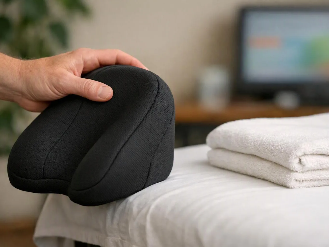 A hand holds a black curved cushion beside folded white towels on a bed in a soft-focus room