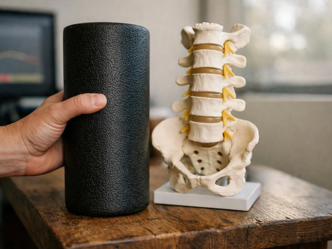A hand holds a black foam roller beside a spine model on a wooden table