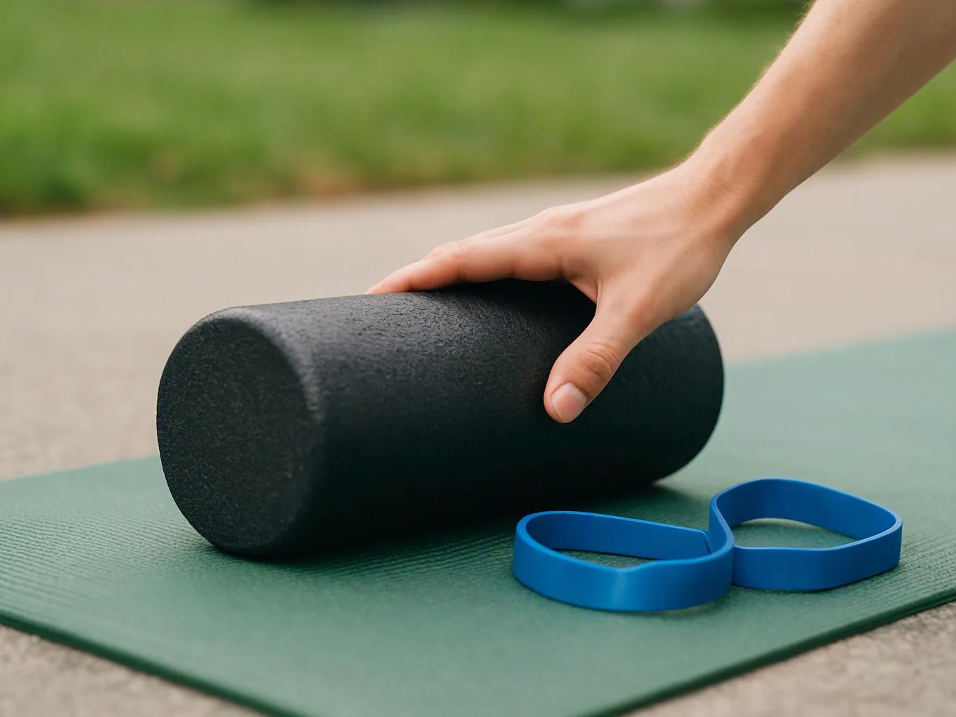 A hand holds a black foam roller on a green mat beside two blue resistance bands outdoors