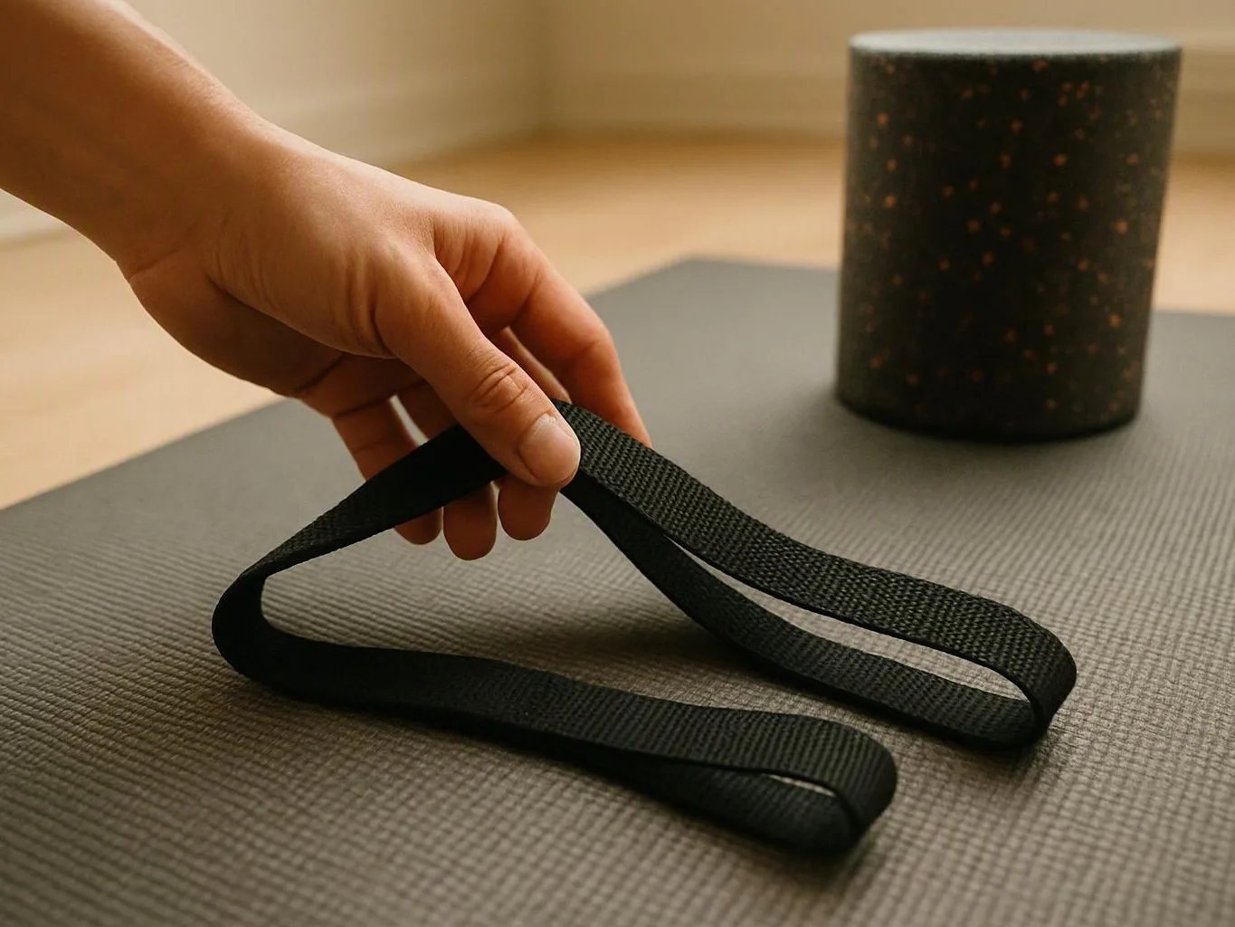 A hand holds a black strap over a yoga mat beside a speckled cylinder on a wooden floor