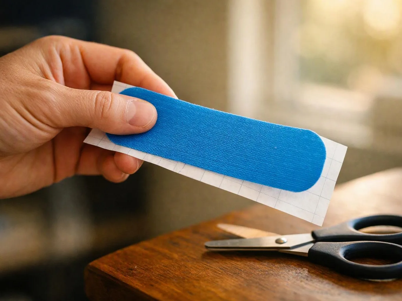 A hand holds a blue adhesive strip on backing paper above scissors on a wooden table