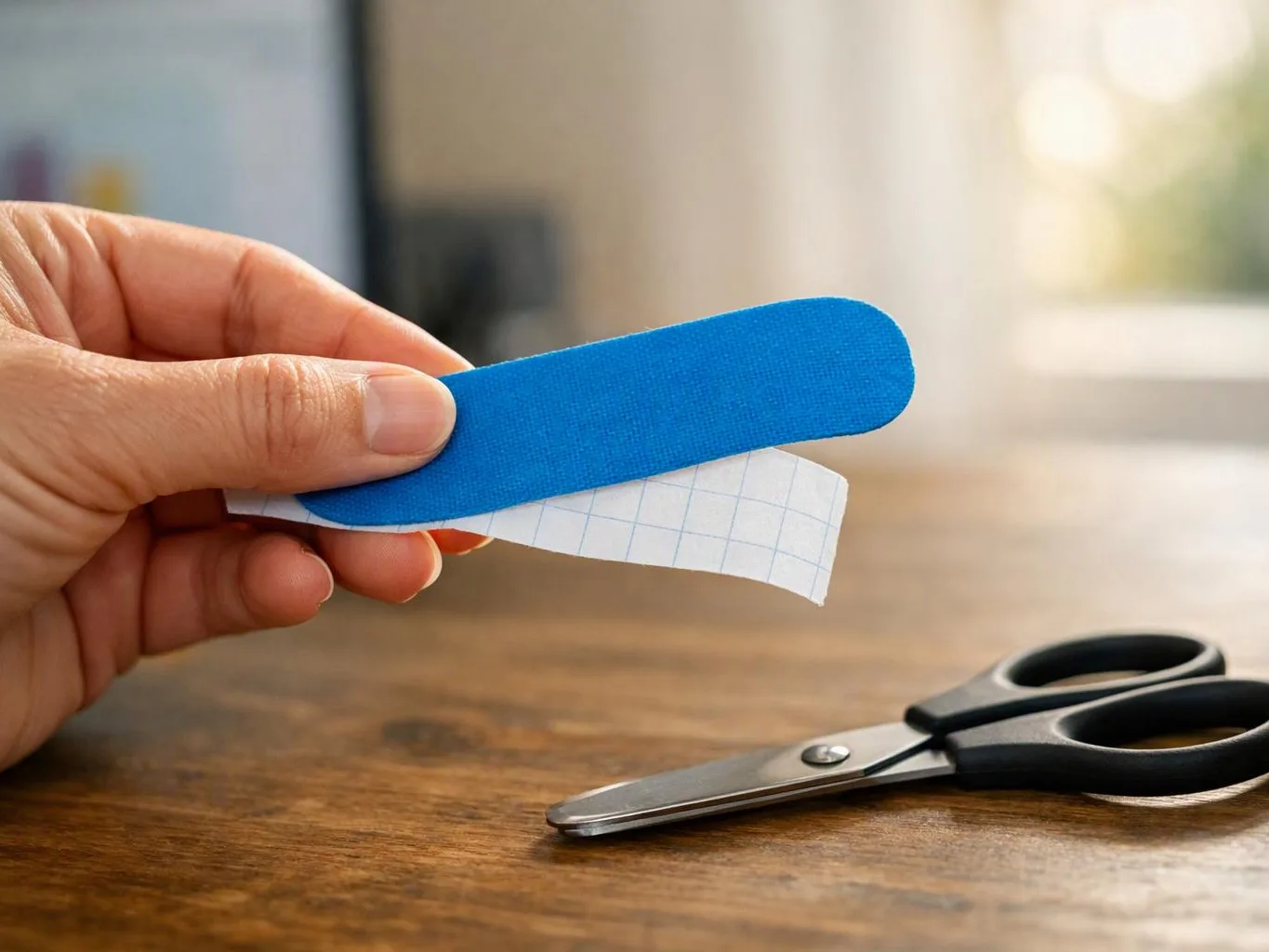 A hand holds a blue adhesive strip with backing paper above scissors on a wooden table