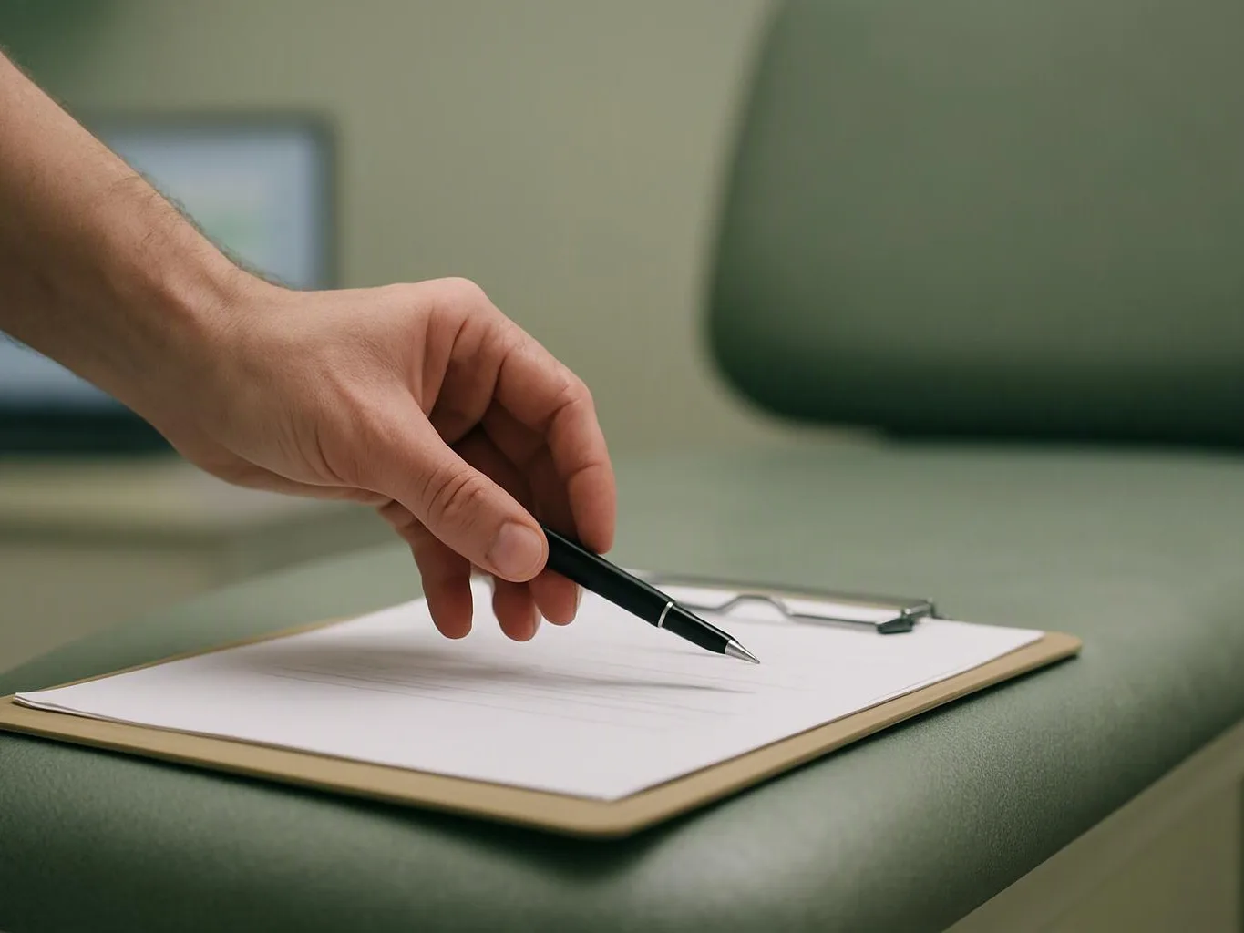 A hand holds a pen above a blank clipboard on a green cushioned chair, with glasses beside it
