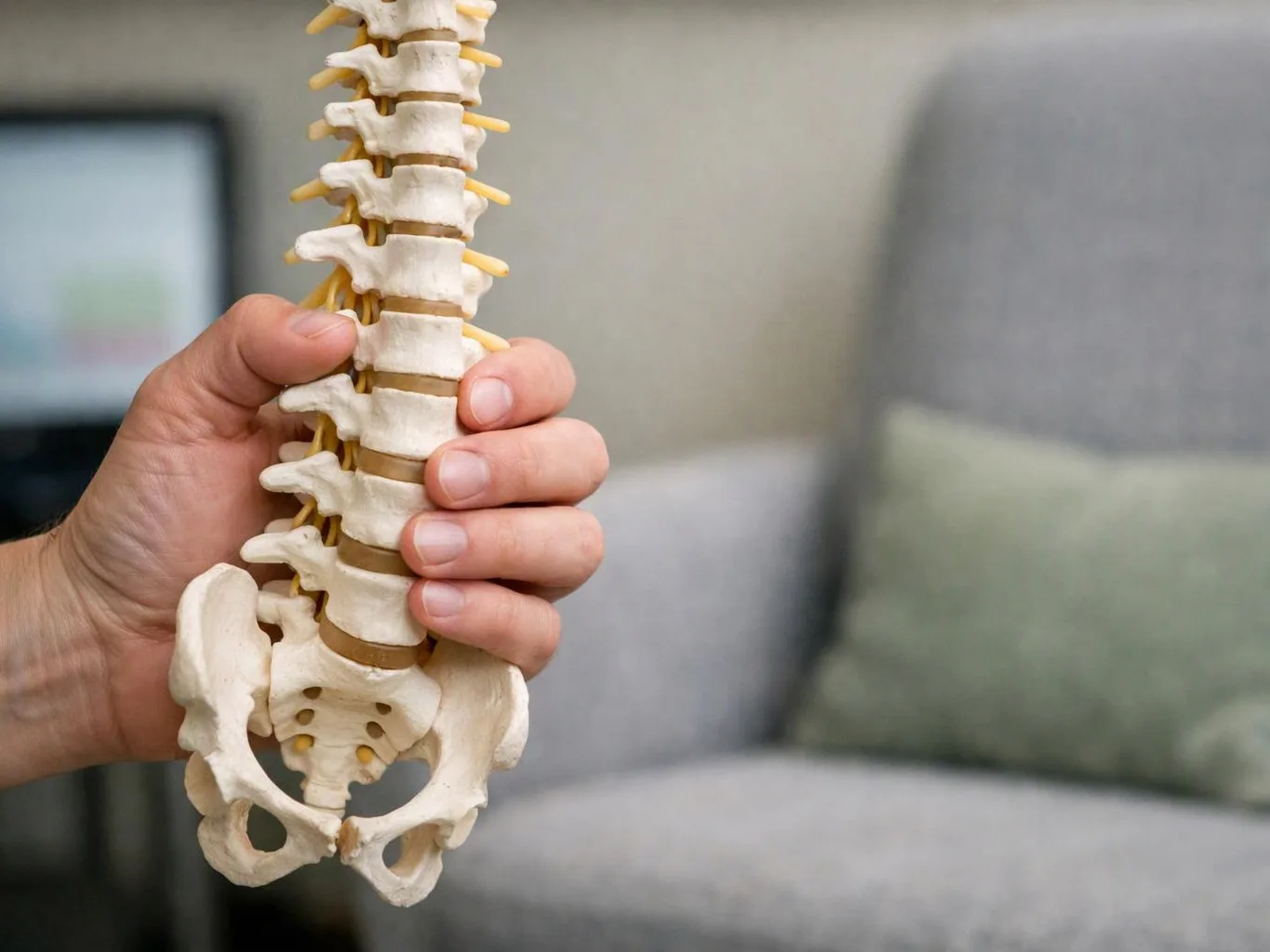 A hand holds a plastic spine model upright in front of a gray couch with a green pillow