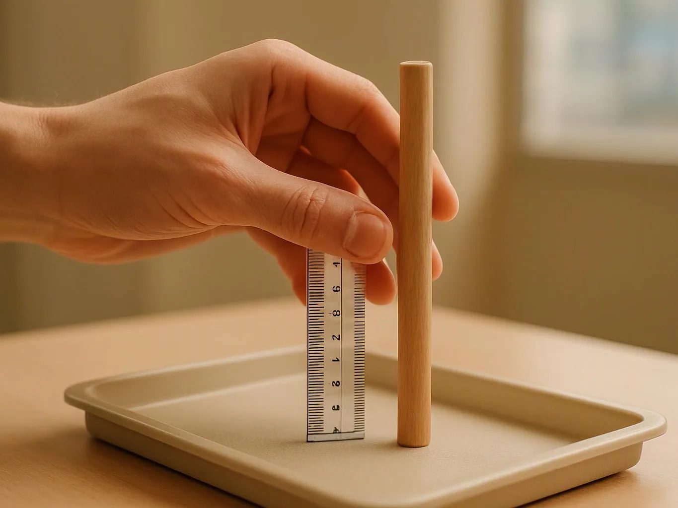 A hand holds a ruler beside a wooden dowel standing on a tray by a window