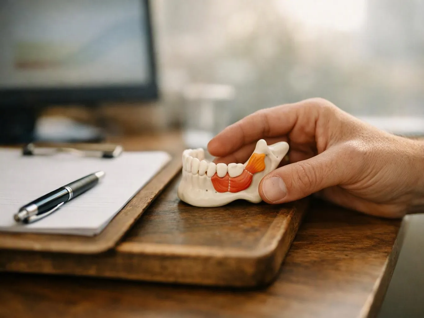 A hand holds a small jaw model beside a pen and notepad on a wooden desk