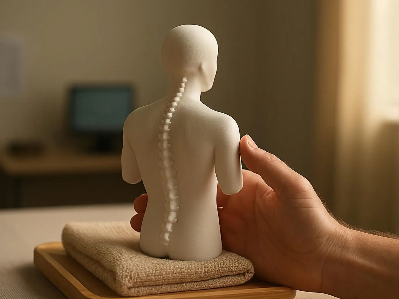 A hand holds a small white spine model on a folded towel, with a blurred room in the background