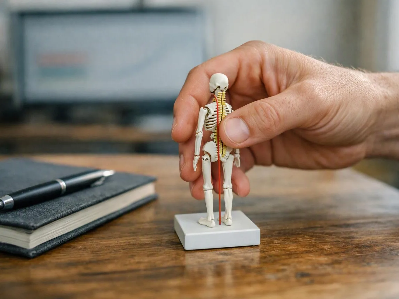 A hand holds a tiny skeleton model beside a notebook and pen on a wooden table