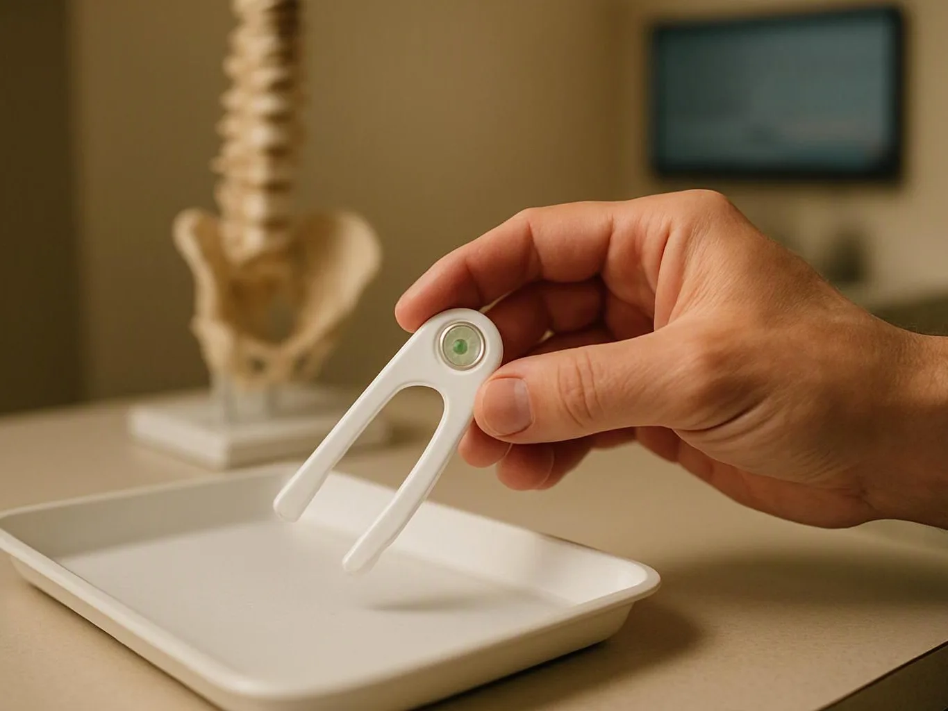A hand holds a white plastic tool above a tray, with a blurred spine model in the background