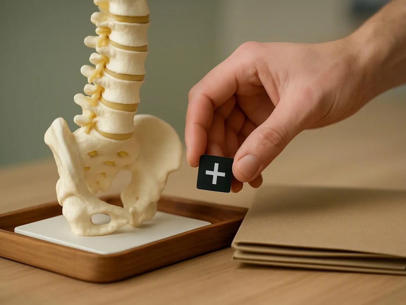 A hand places a plus sign tile beside a spine model on a wooden tray next to folded papers