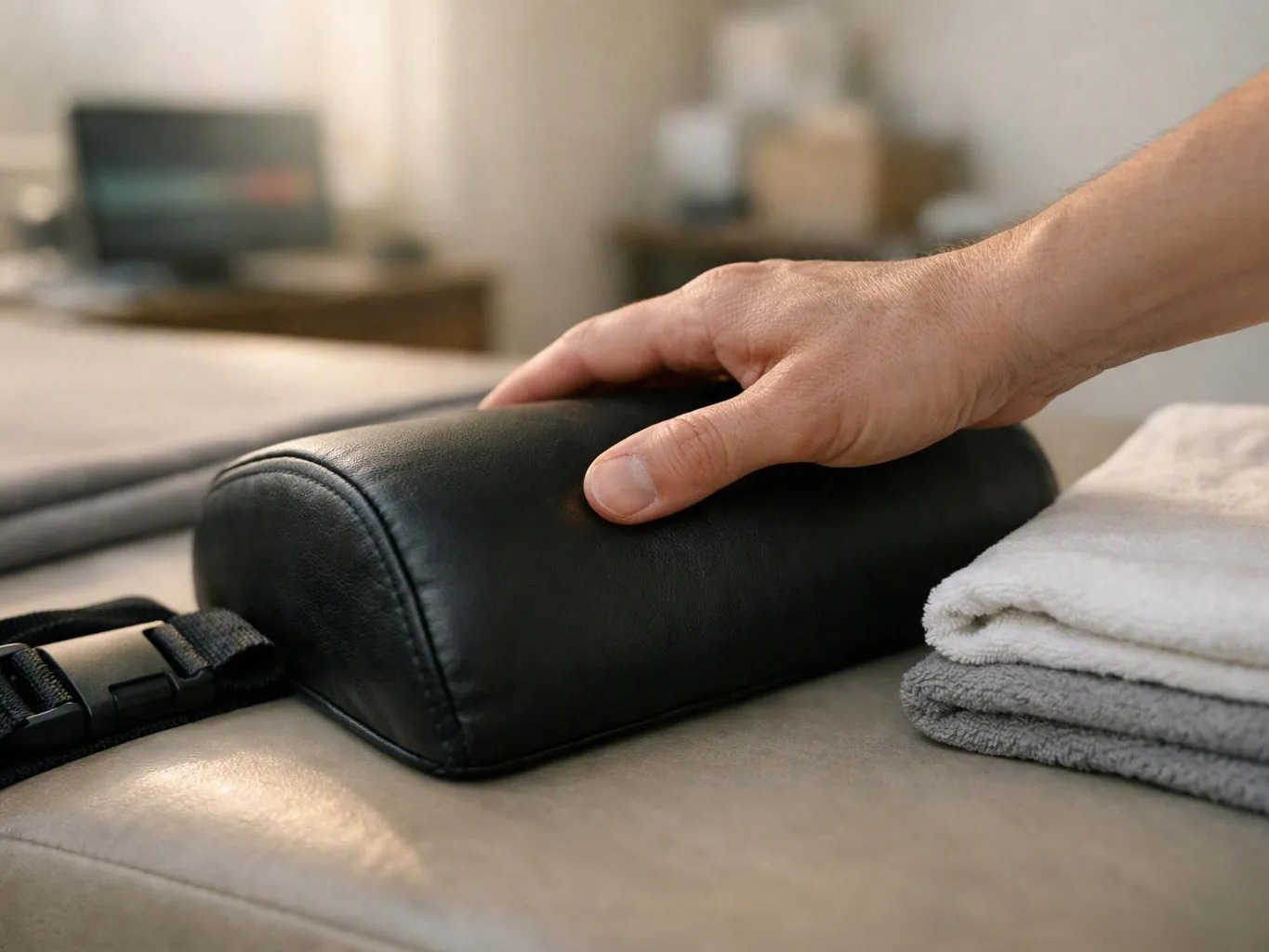 A hand presses a black leather cushion beside folded towels on a bed