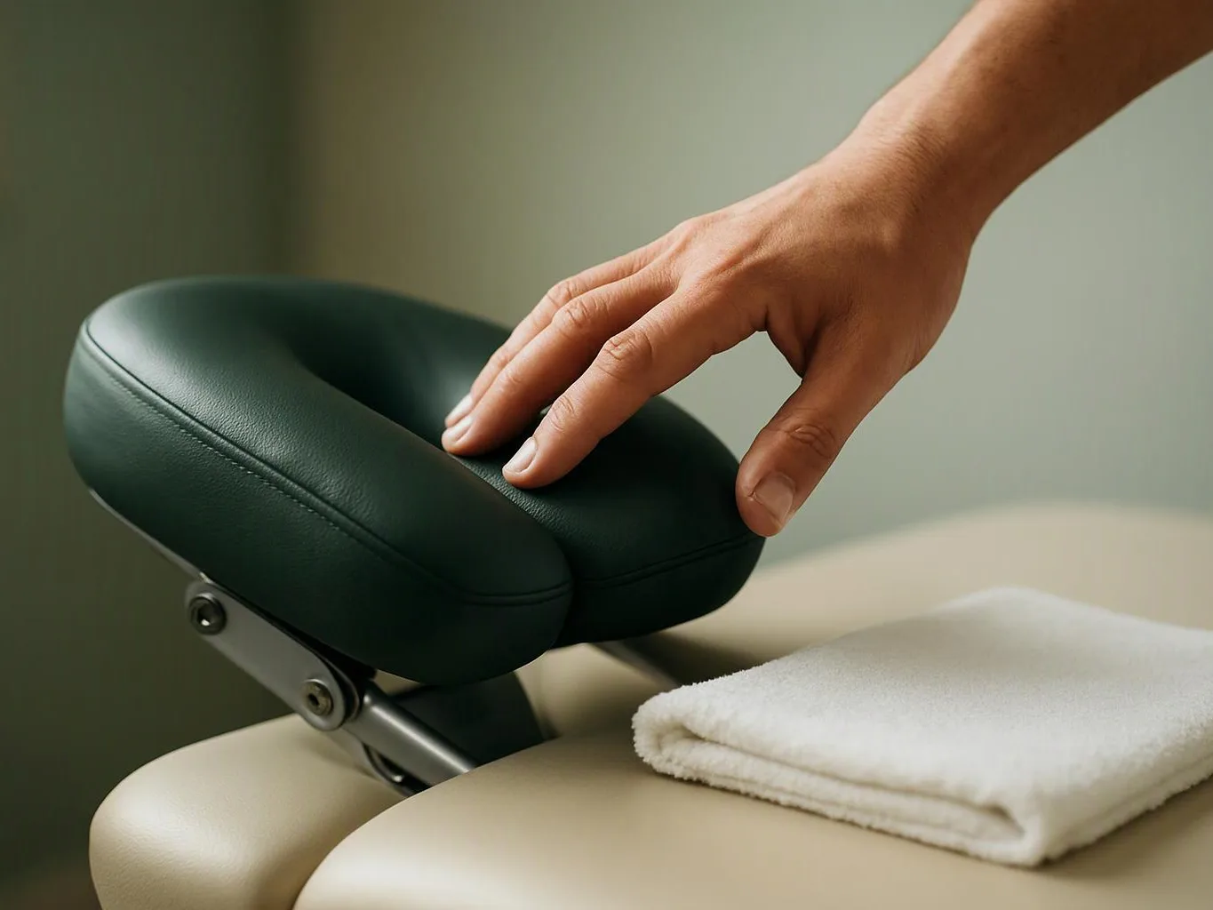 A hand presses a dark padded headrest on a beige massage table beside a folded white towel