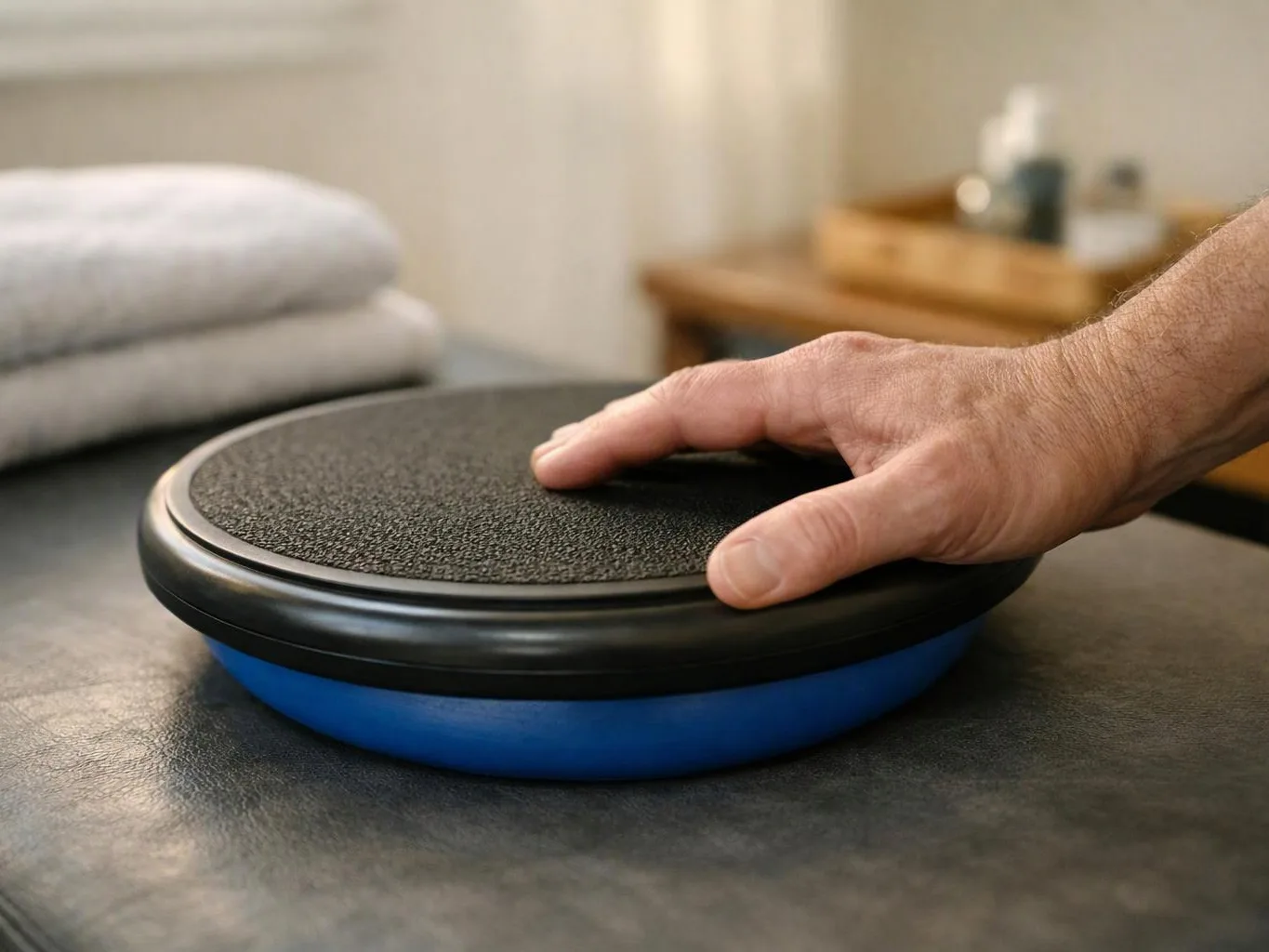 A hand presses on a round black balance board with a blue base on a table