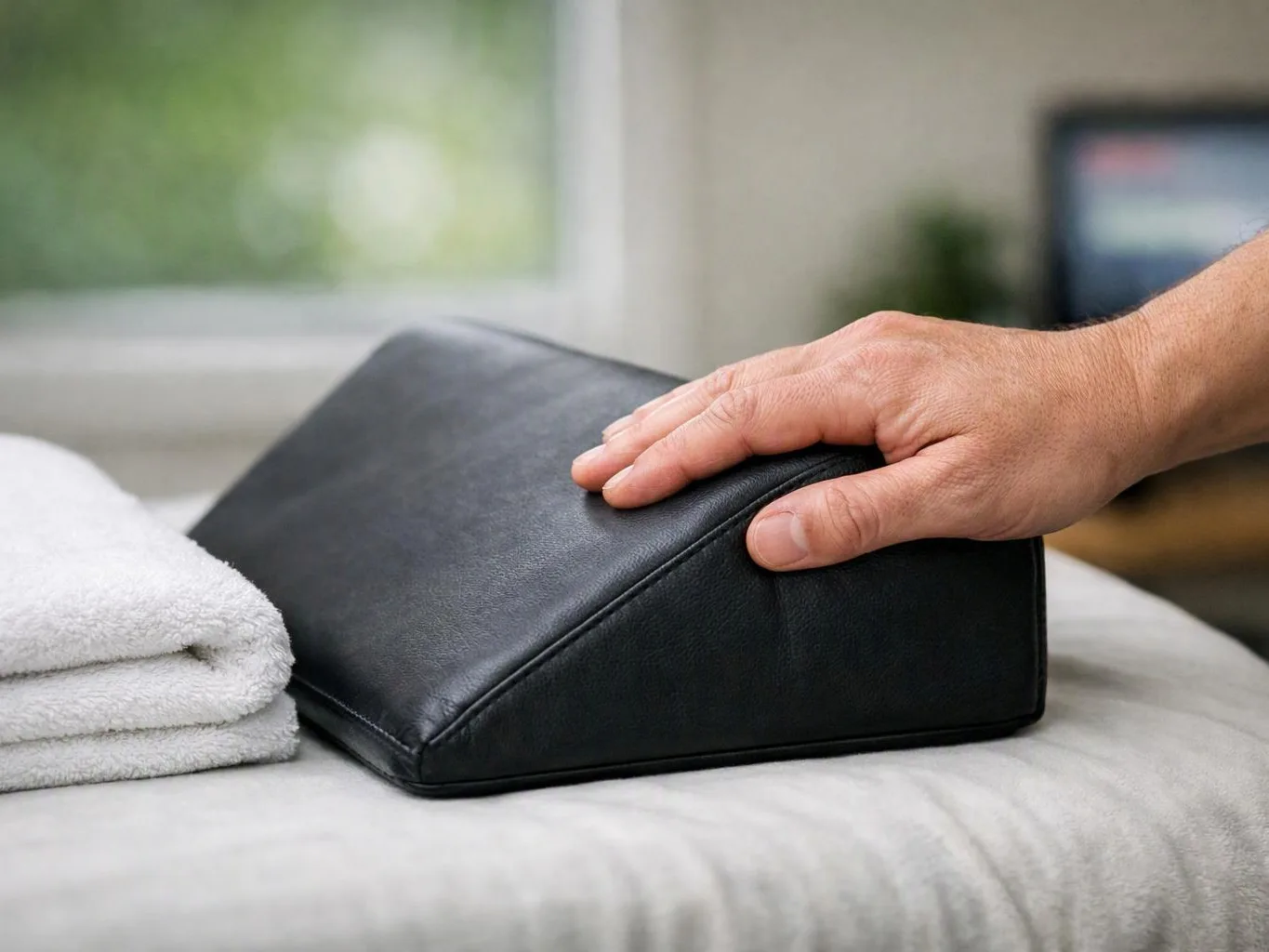 A hand rests on a black wedge cushion beside folded white towels on a bed