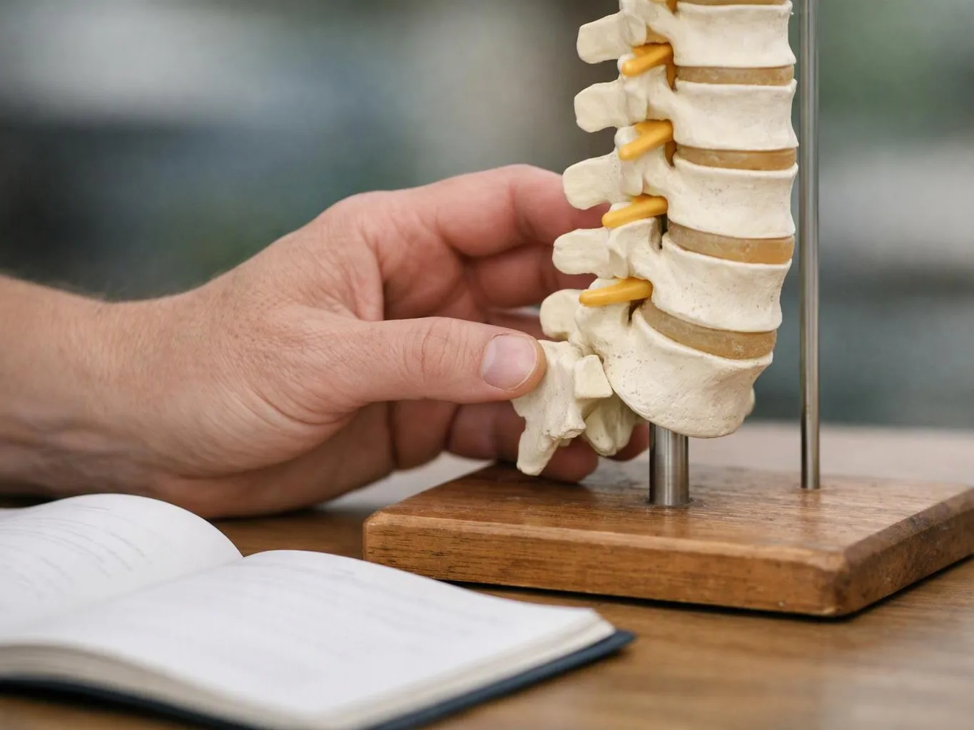 A hand touches a spine model on a wooden stand beside an open notebook