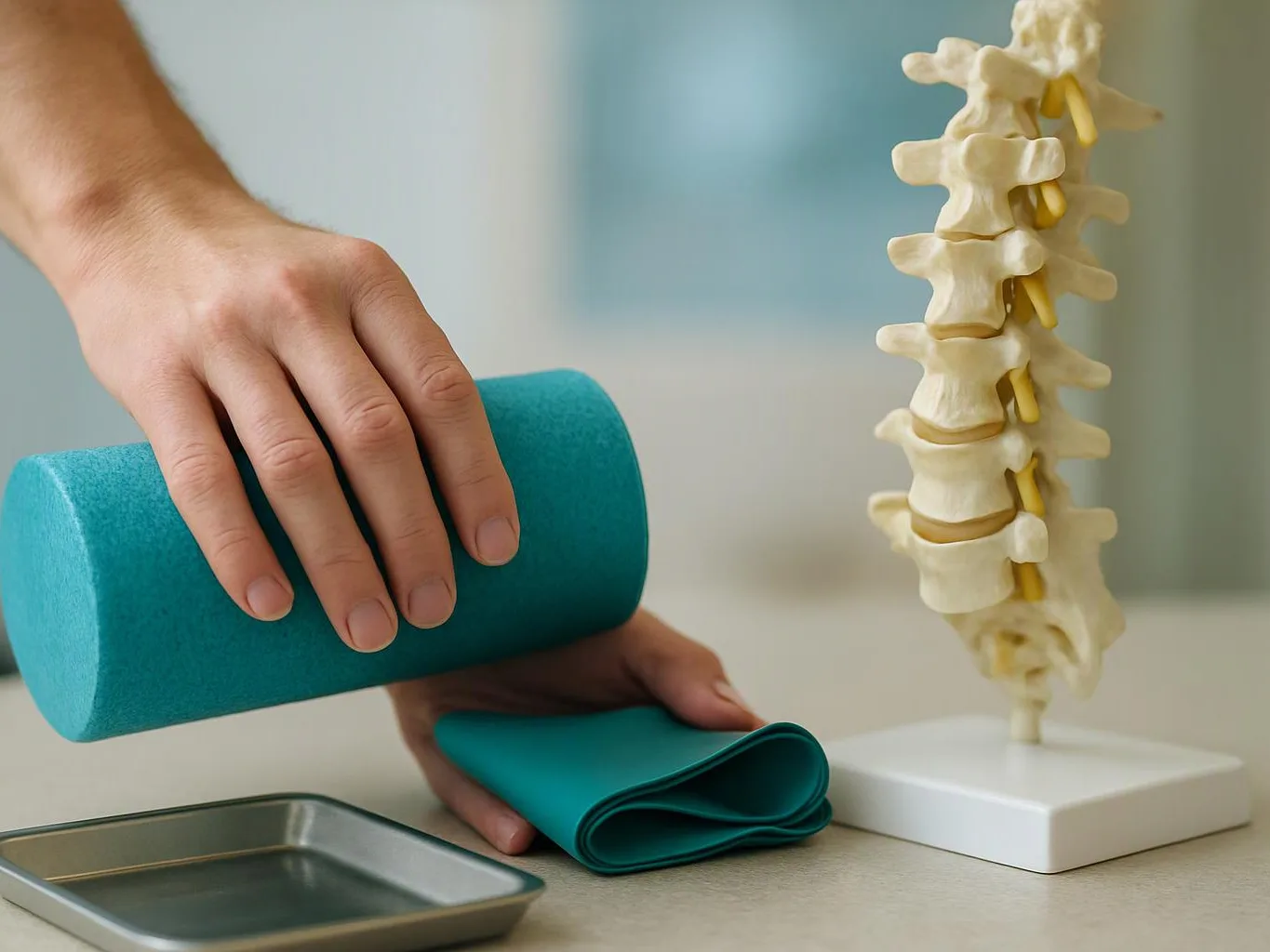 Hands place a teal foam roller and folded mat beside a spine model on a table