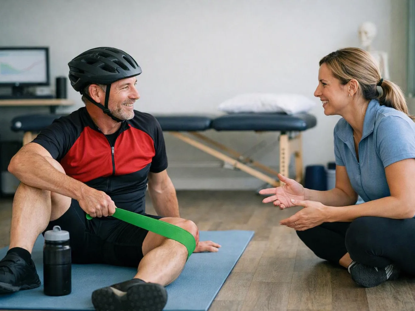 A helmeted cyclist sits on a mat, stretching with a green band while a woman kneels and talks in a clinic room