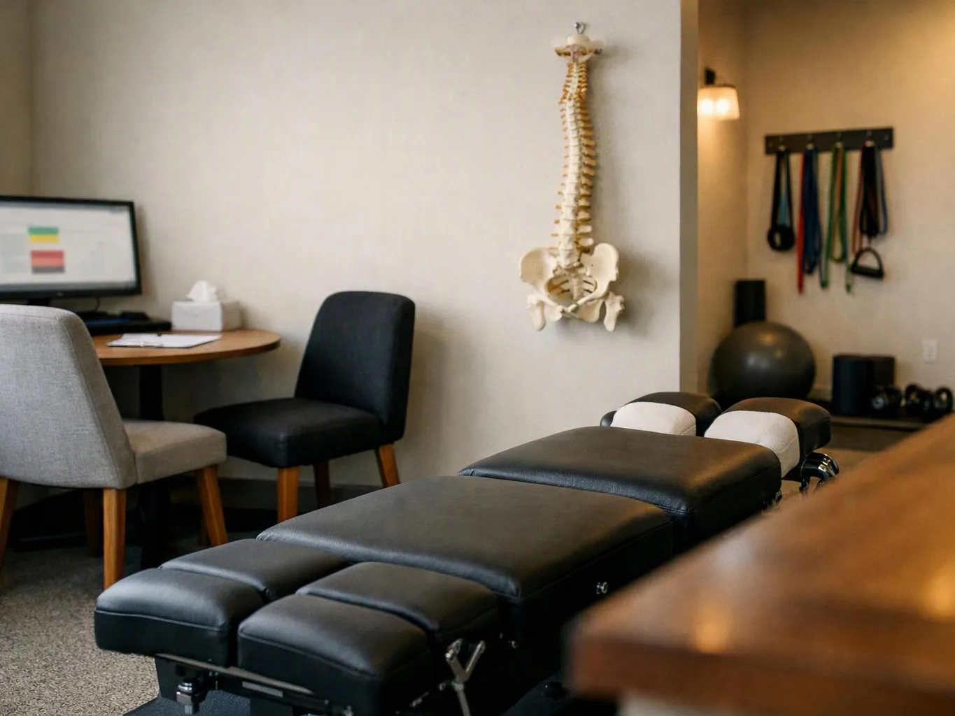 A chiropractic office with an exam table, desk chairs, a wall spine model, and exercise equipment in the back room