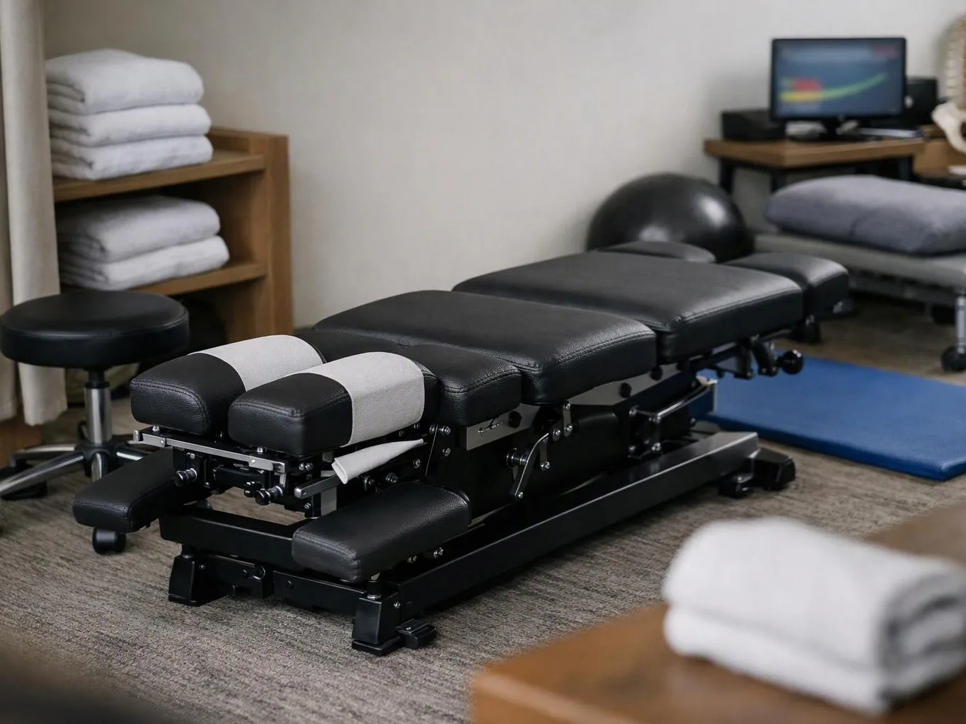 A padded chiropractic treatment table sits in a therapy room with folded towels, stools, a balance ball, and a blue mat