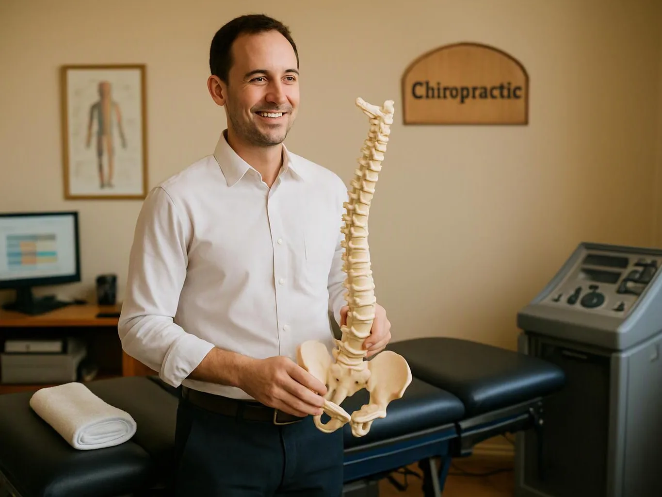 A smiling man holds a spine model in a chiropractic treatment room with an exam table and wall sign