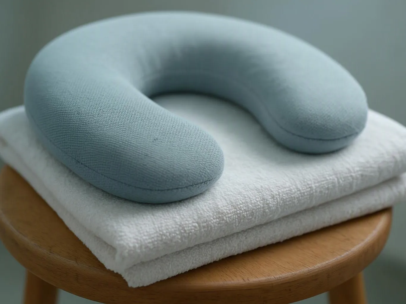 A light blue U-shaped neck pillow rests on folded white towels atop a wooden stool