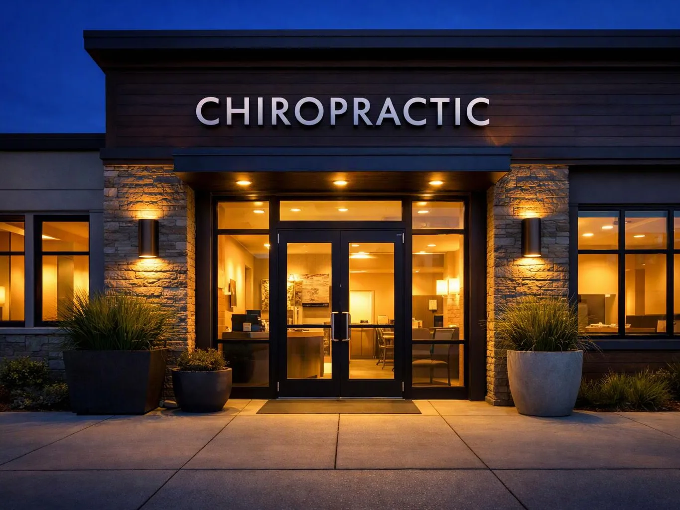 A lit chiropractic clinic entrance with glass doors, stone walls, and large potted plants at dusk