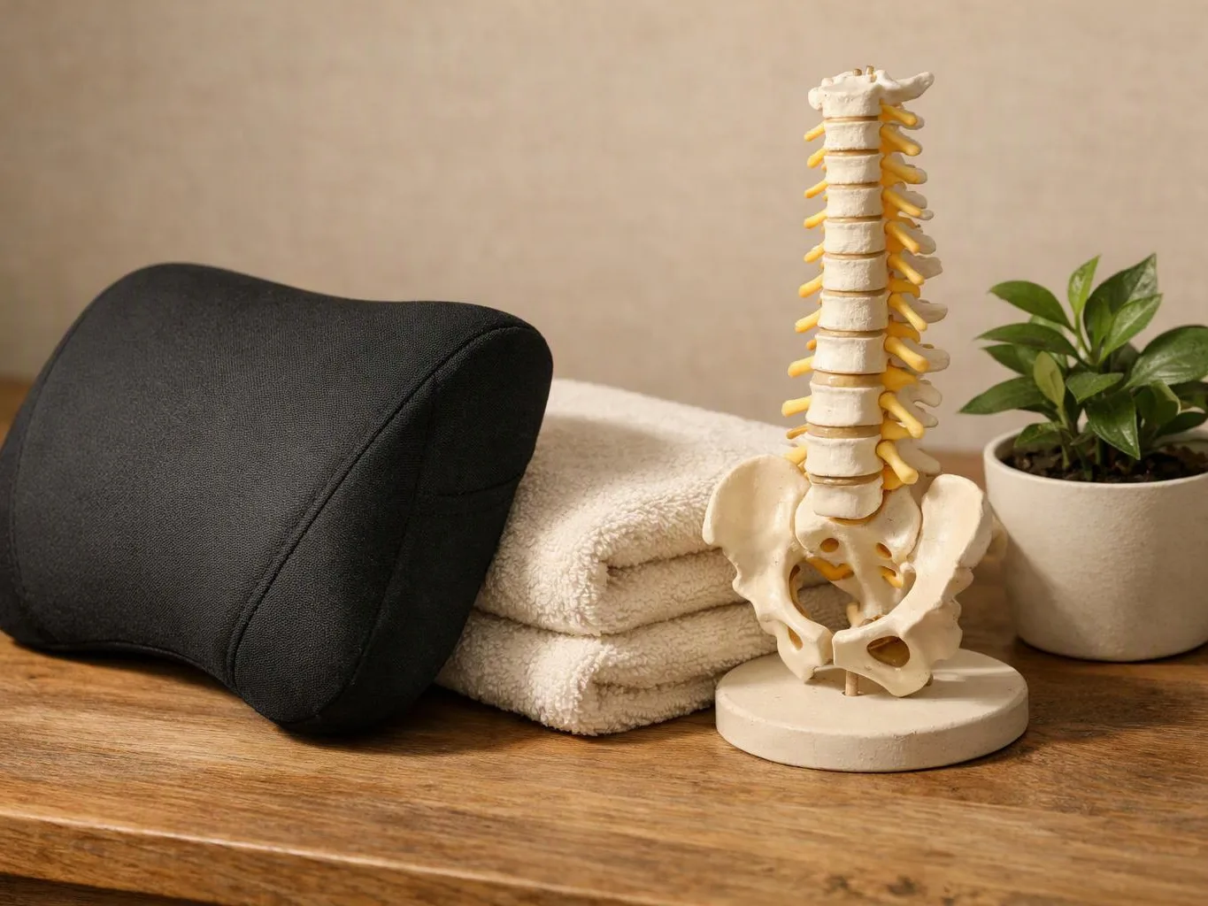 A lumbar support cushion, folded towels, a spine model, and a potted plant sit on a wooden table